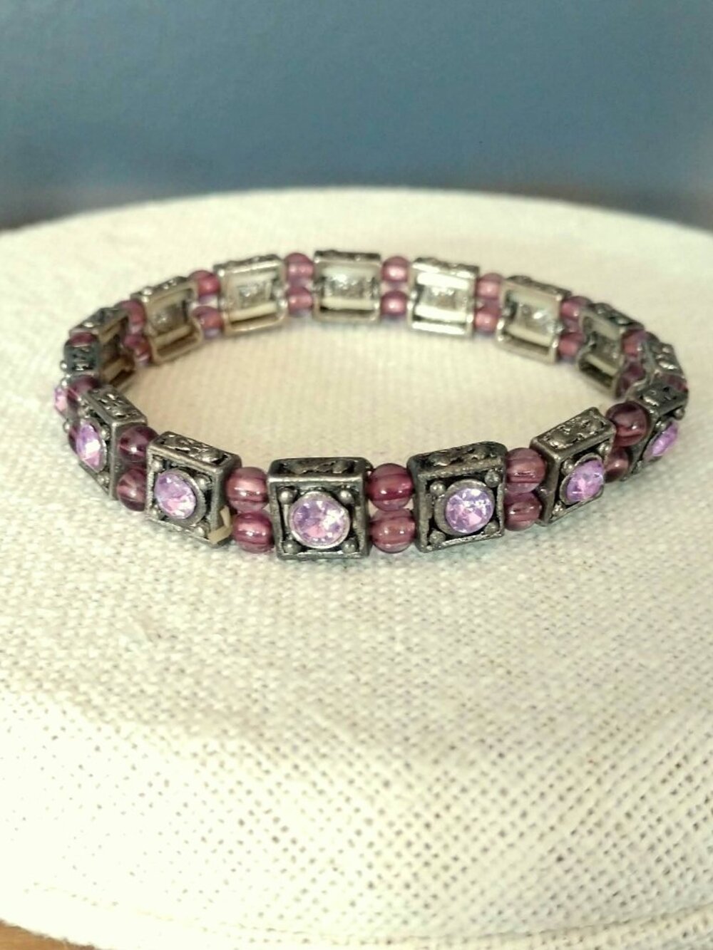Purple crystal and glass bead stretch bracelet